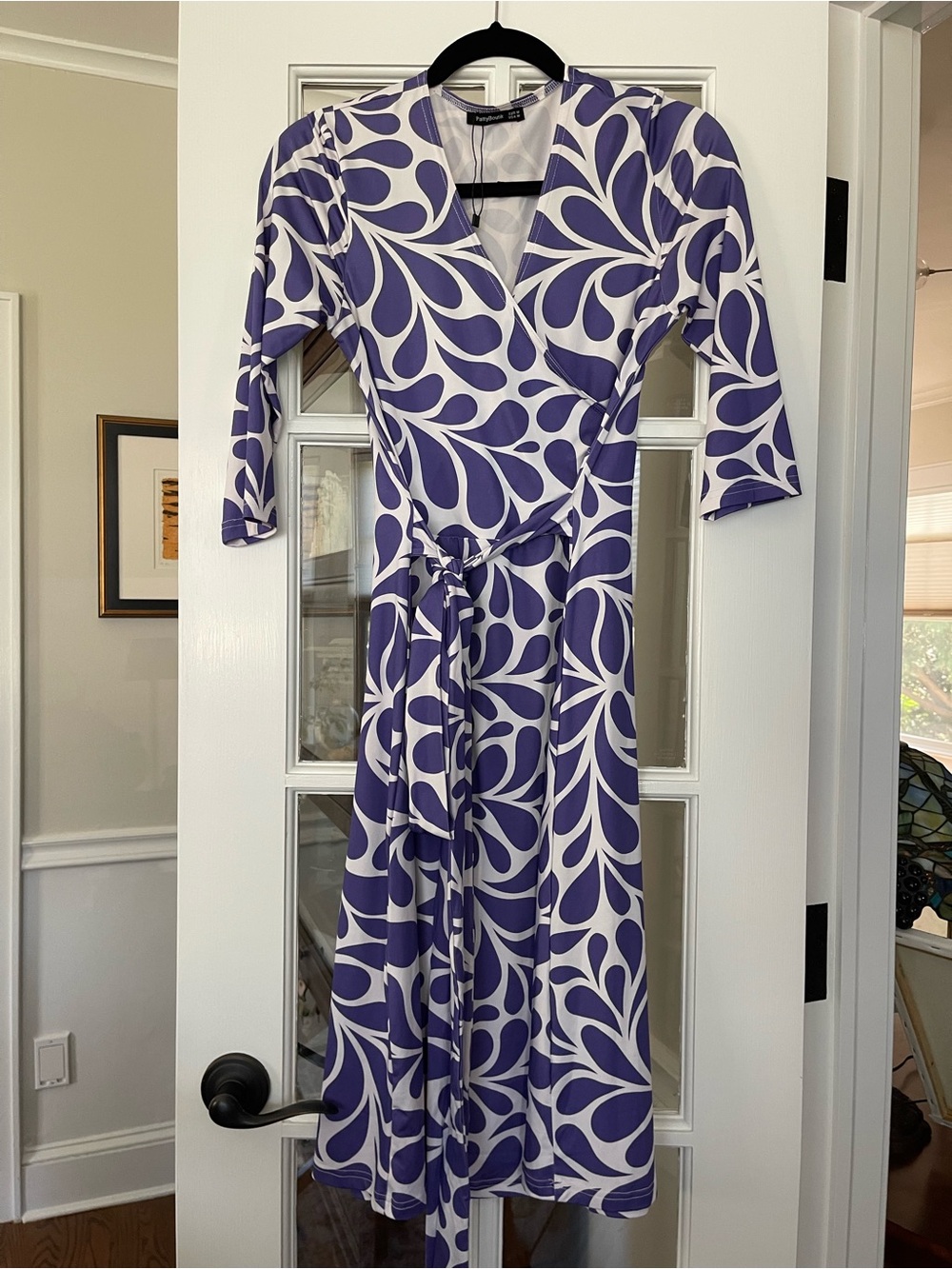 PattyBoutik Purple & White Wrap Midi Dress with Abstract Floral Pattern
